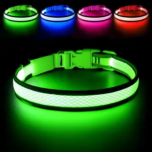 Colorful LED Light up dog collar, USB Rechargeable luminous dog collar, adjustablse, comfortable and soft mesh afety dog collar, 5 sizes(XS-XL) suitable for small, medium and large dogs