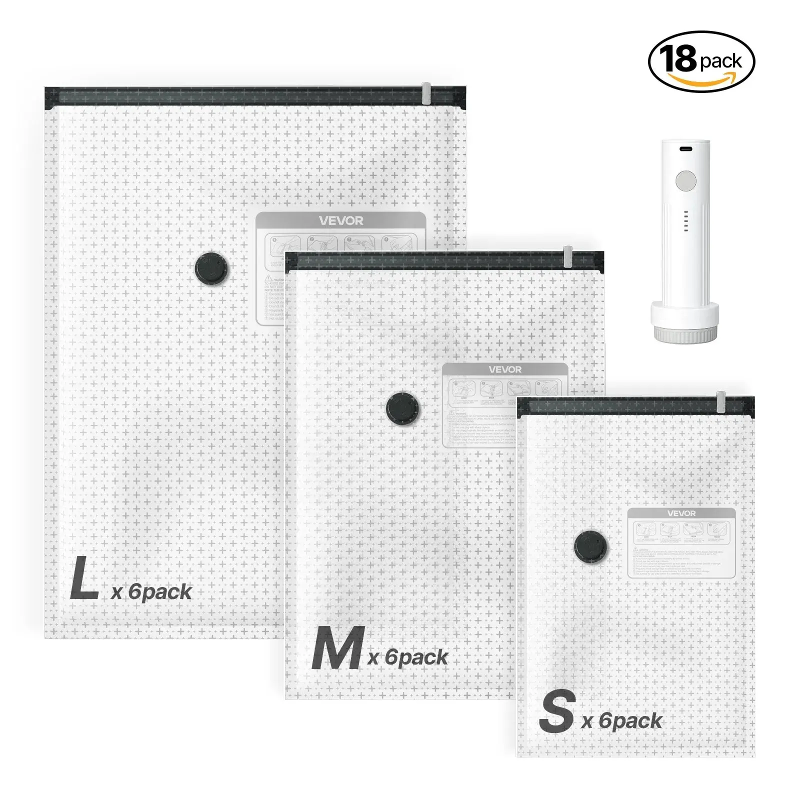VEVOR 18-Pcs Multifunctional Vacuum Compression Bags, Resealable Zipper Organiser with Pump & Charging Cable, Thick PA-PE Material, for Seasonal Clothing Travel Packing, Vacuum Compression Bag