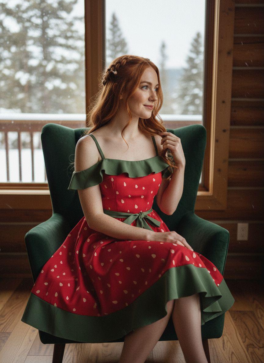 RED 1950S STRAWBERRY RUFFLE BELT DRESS Casual Boho Bohemian Sleeveless Spaghetti Strap Womenswear