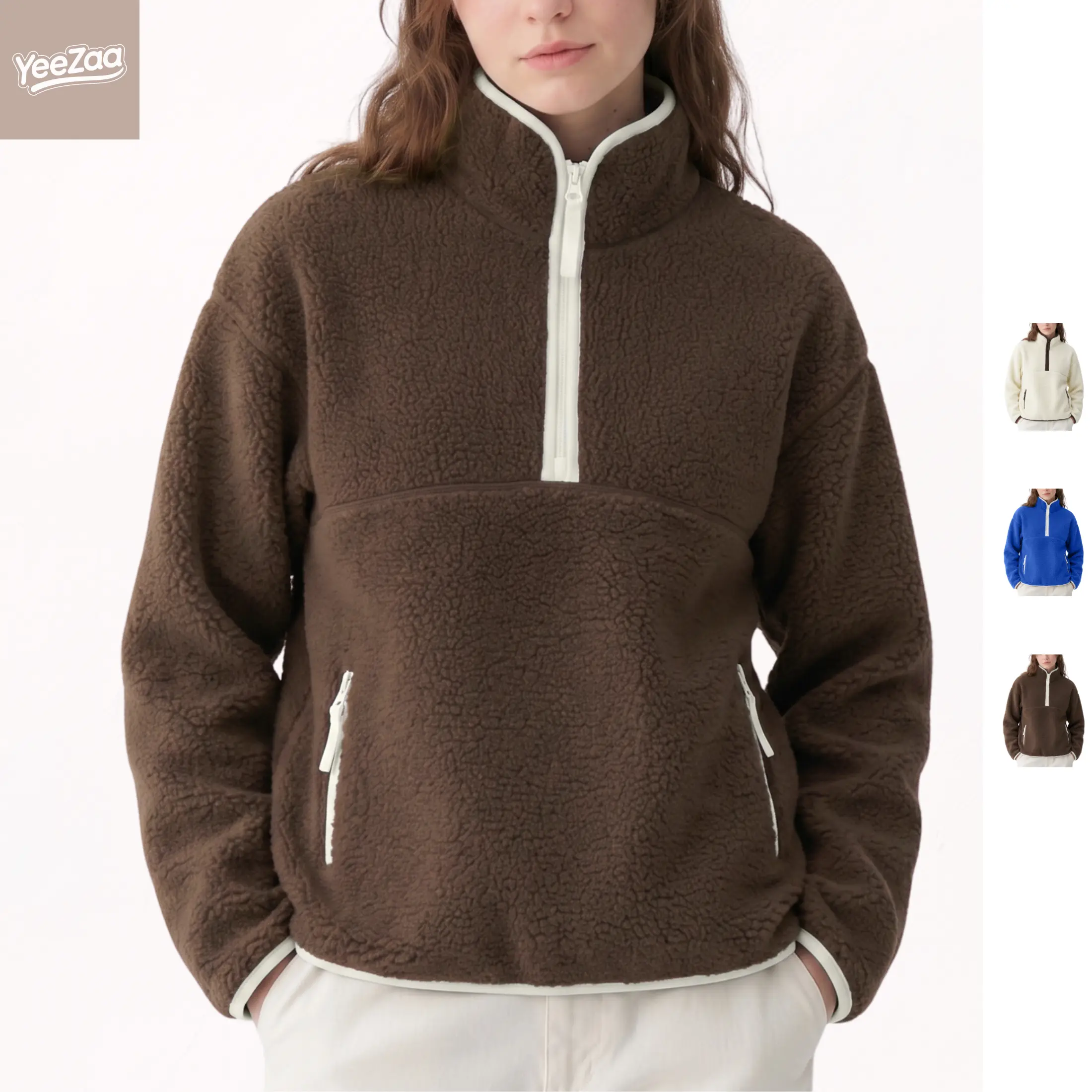 Women's  Fleece Sweatshirts Sherpa Half ZipFuzzy  Pullover Jacket | Long Sleeve Half Zip Mockneck Sweatshirt, Cozy Layering Tops & Fuzzy Brown Teddy Outfits for Fall Winter Cold Outdoor