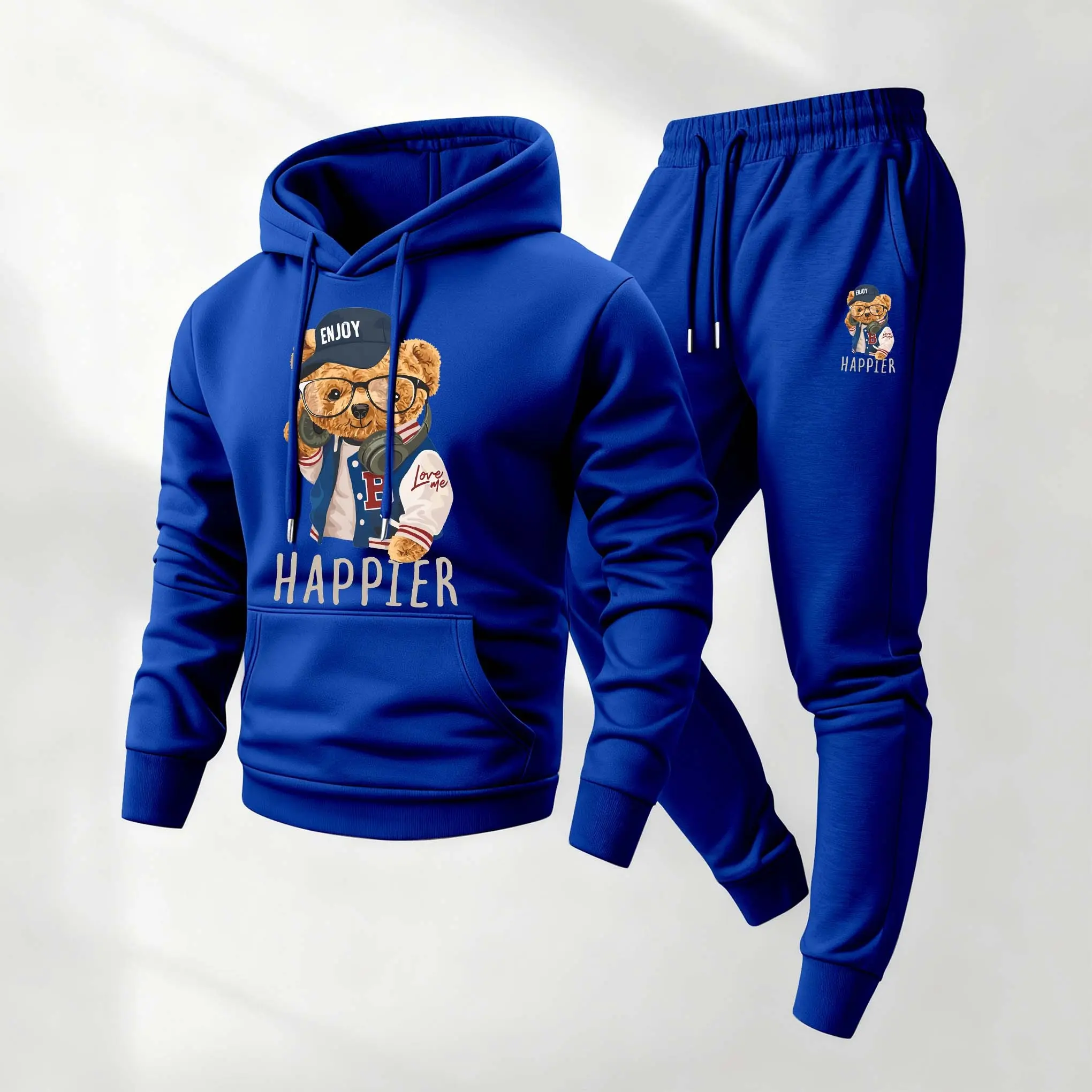 Men's Cute Sports Hip-Hop Bear Sweatpants Set, Menswear, Casual Athletic Long Sleeve Hooded Jacket & Trousers for Fall & Winter, Men's Clothing for Daily Wear, Sportswear Indoor Outdoor, Tracksuit, Athleisure