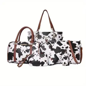 6pcs Set PU Fashion Cow Pattern Tote Bag Set, Shoulder Bag, Crossbody Bag, Anti Fouling and Wrinkle Resistant Handbag（gift）