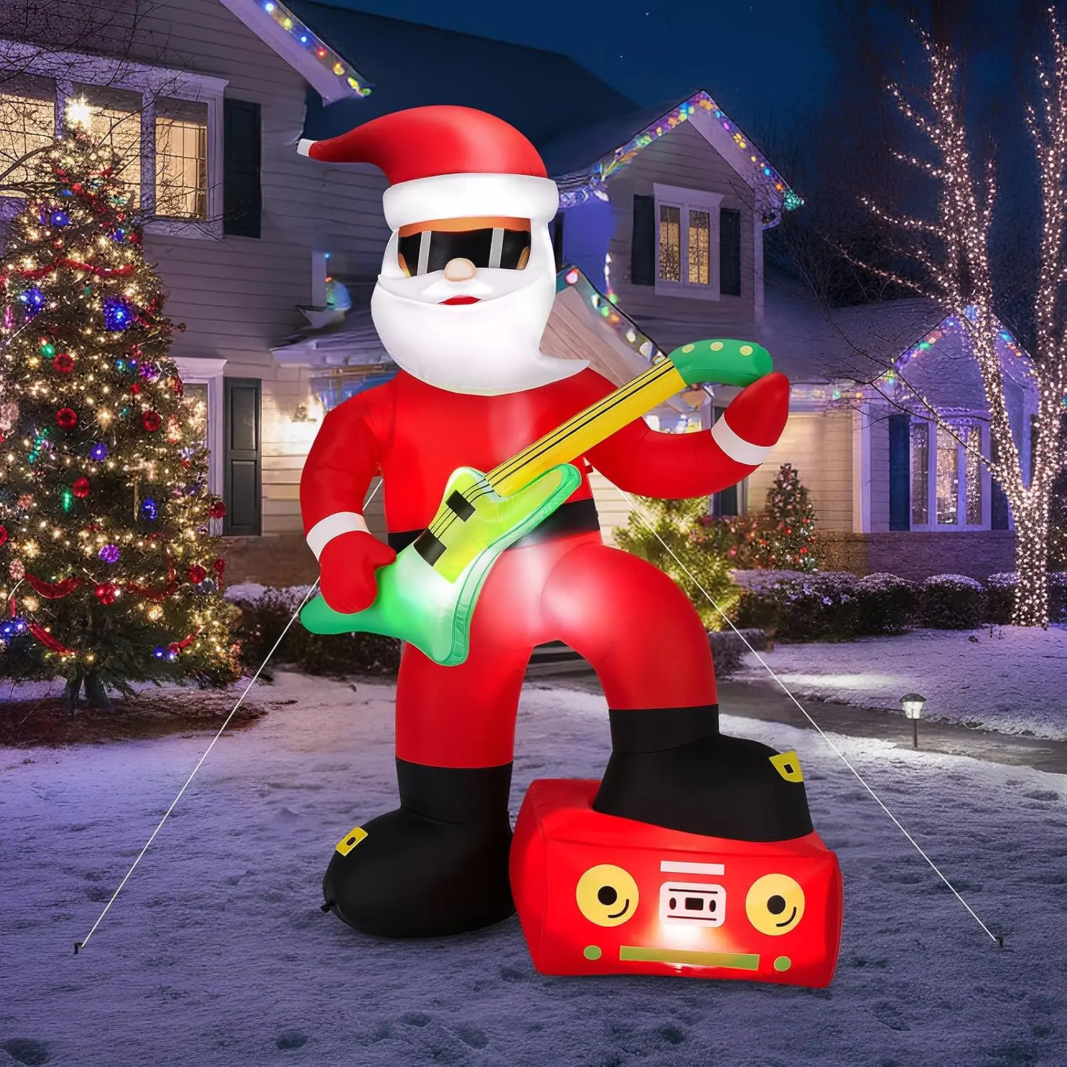 7.5ft Black Musical Santa Inflatable, Christmas Inflatable Santa Claus Playing Guitar, Gaint Blow up Outdoor Decoration with LED Lights for Lawn, Garden, Xmas Holiday Decor