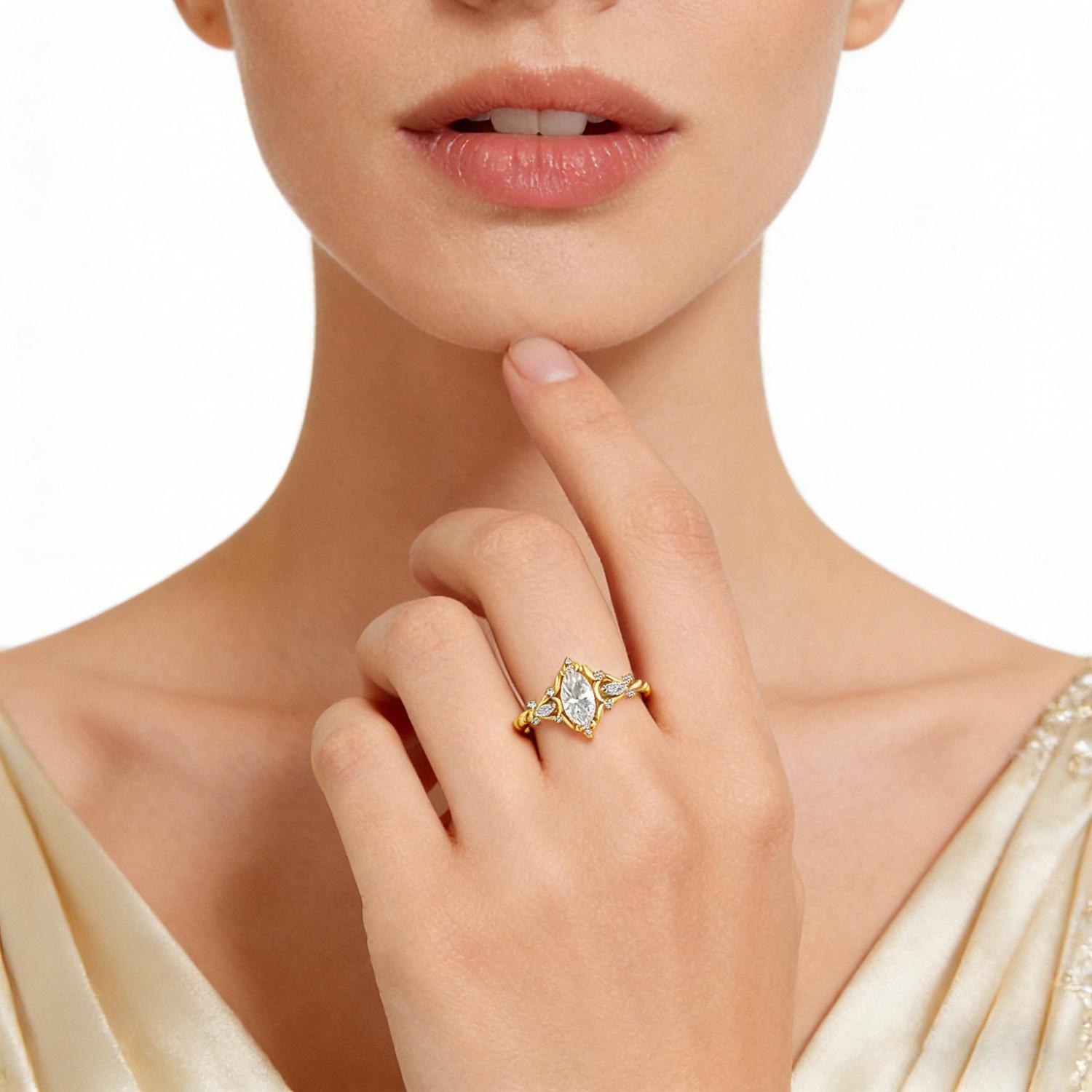 【exclusive in livestream】Delzzad 1ct Vintage Marquise Engagement Ring Synthetic Moissanite Ring Jewelry S925 Perfect Birthday Engagement Wedding Anniversary Christmas Gift