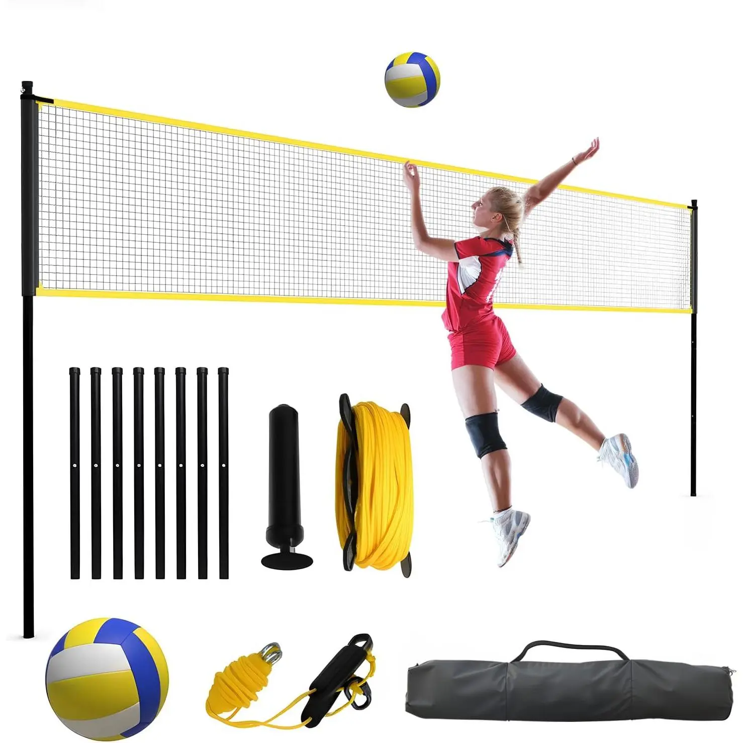 32 Ft Volleyball Net Outdoor Set – Adjustable Height, Freestanding Net with Volleyball, Pump, Carry Bag – Portable Backyard, Beach & Park Volleyball Training Equipment