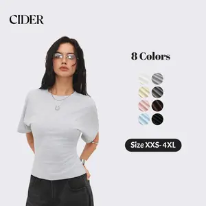 Cider Round Neckline Tee – Cotton Stretch Ribbed French Chic Women's Office Work Daily Casual Top, Summer Slim Fit Basic Short Sleeve T-Shirt SummerWins Dealsforyou