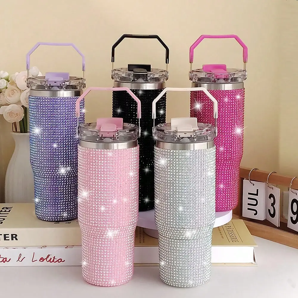30oz Insulated Tumbler With 2-In-1 Lid – One Lid For Straw & Sip, Diamond Finish, 304 Stainless Steel, Leakproof, US Local Shipping
