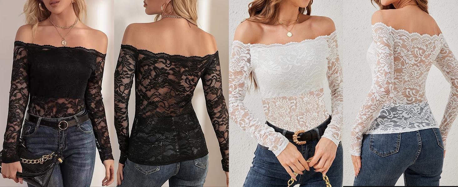 Women's Off Shoulder Floral Lace Tops Sexy Slim Long Sleeve Blouse Shirts See Through Going Out Tops