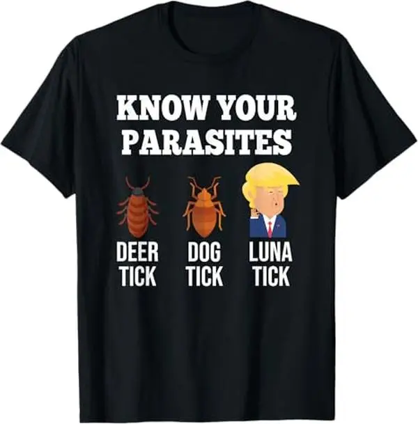 Men's Casual Short-Sleeve Cotton T-Shirt - Dark Humor Anti-Trump Know Your Parasites Sarcastic, Tick-Resist Graphic Print, Round Neck, Humorous Casual Style Tee, Funny Short Joke T-Shirt, Laugh-Out Loud Tee, Streetwear Top, All-Season Menswear