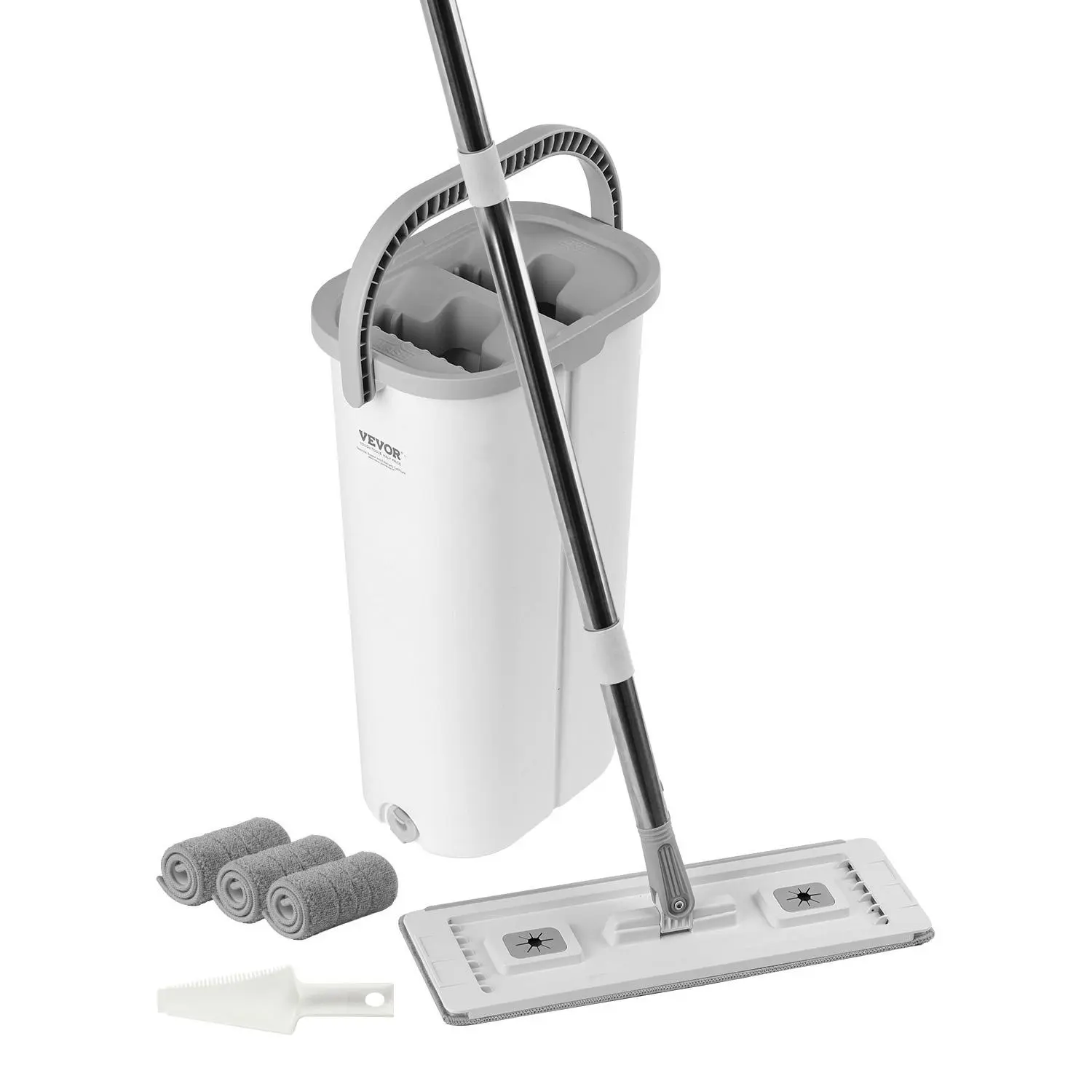 【SummerFinds】VEVOR Mop and Bucket with Wringer Set,  , Wet & Dry Use, Flat Mop and Bucket System with 3 Washable Microfiber Pads, Flat Mop with Stainless Steel Handle, Mop Bucket Set for Hardwood Tile Vinyl