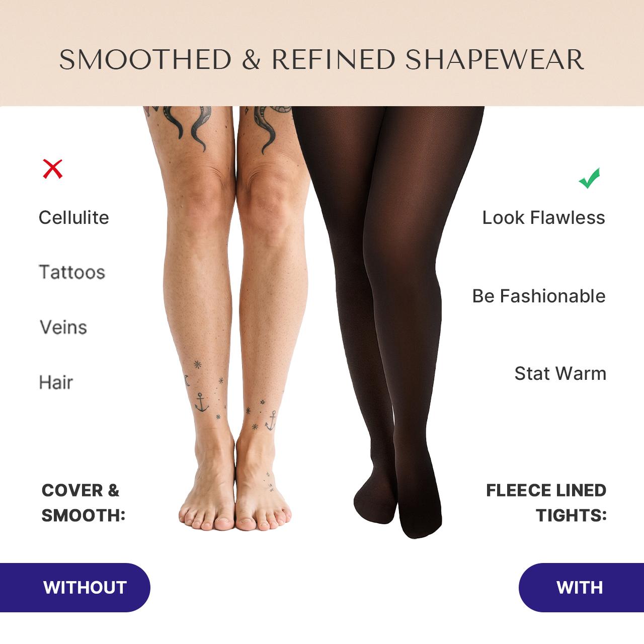 SHAPELLX CozyShape Sheer-Panel with Fleece Lined Tights Stay-Warm Tummy Control Sheer Effect Tights Bodysuit Black Basic
