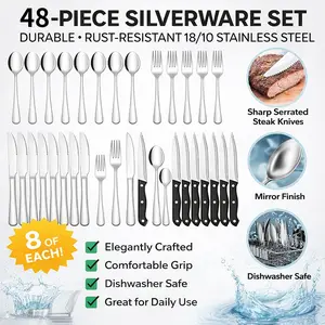 20/48-Piece Silverware Set with Steak Knives — Service for 4 or 12 — Festive Stainless Steel Flatware Set — Mirror-Polished Kitchen Utensils — Ideal for Family Gatherings — Includes Forks, Knives, and Spoons — Dishwasher Safe
