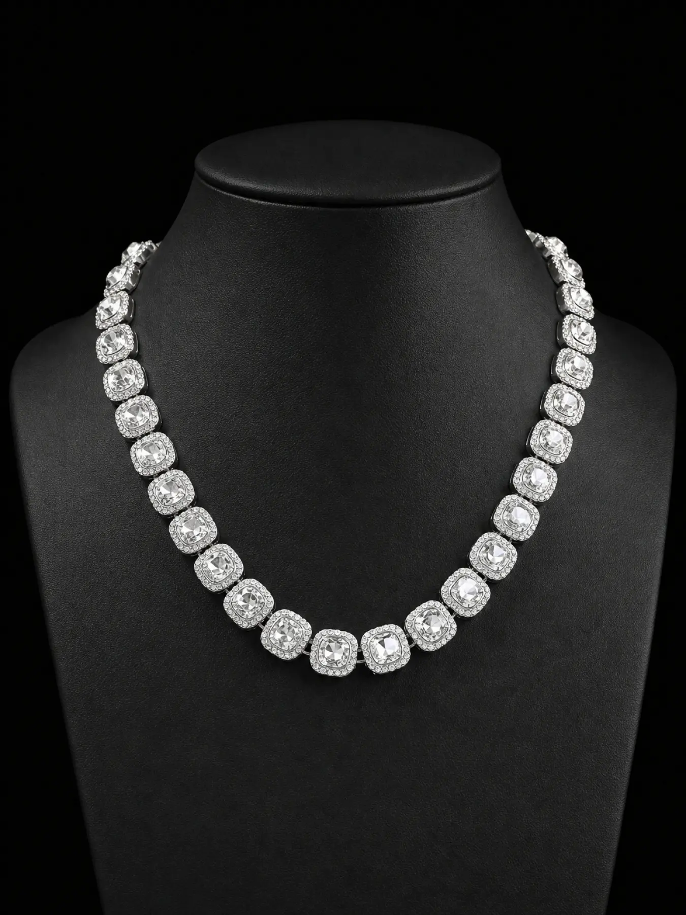 Iced Out Double Row Cuban Link Design Chain Necklace, Square Cut Rhinestone Bling Jewelry for Men & Women, Hip Hop Streetwear Accessory, Chunky Necklace
