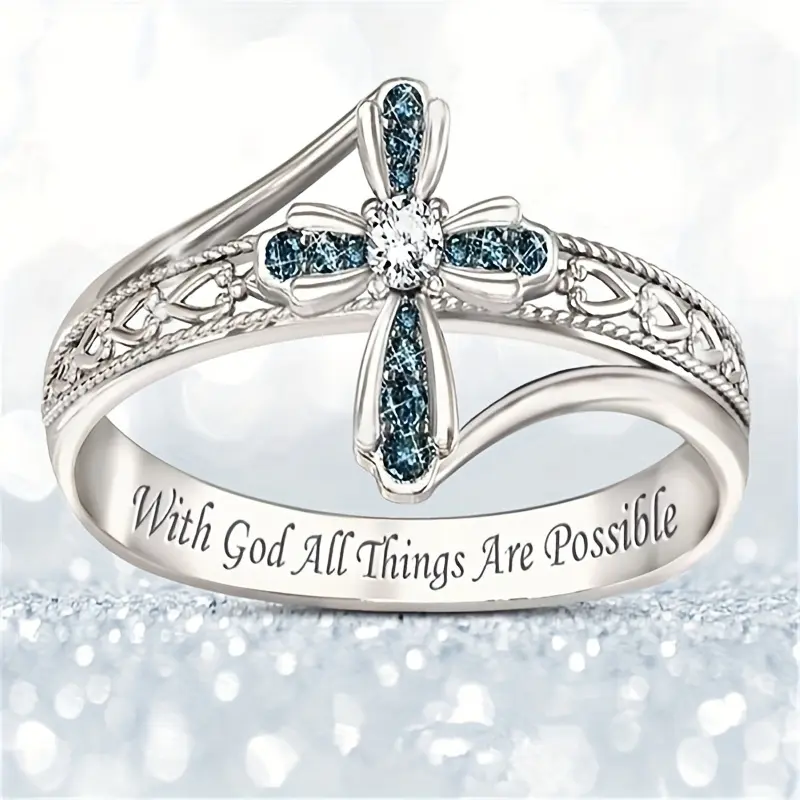 Cross Flower Ring for Women, Elegant Rhinestone Fashion Jewelry with Blue Zircon, Multi-Size Fits for Casual Wear, Elegant Rhinestone Ring, Cross Rings