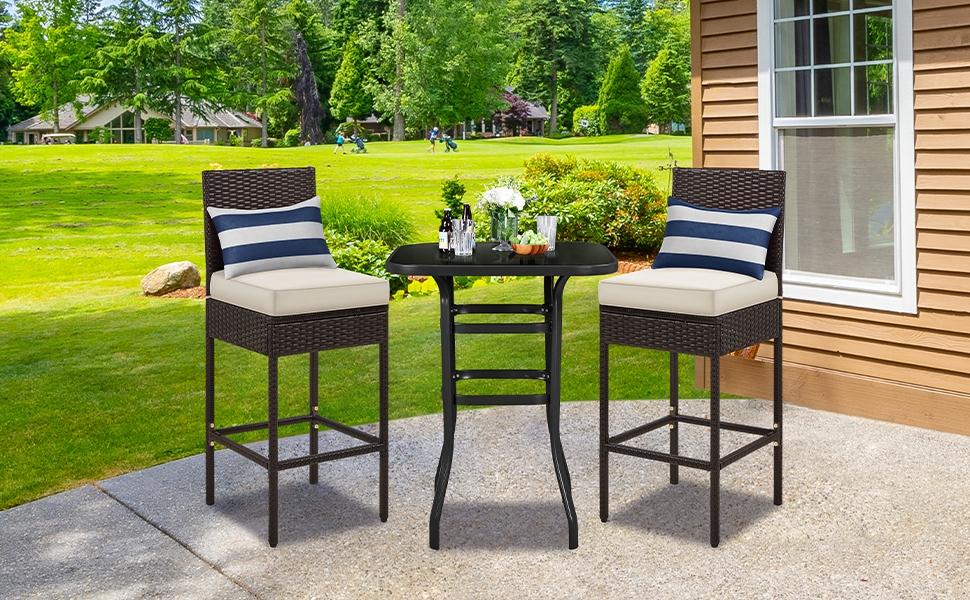 Yaheetech Set of 2 Patio Bar Stools, Outdoor PE Rattan Bar Height Chairs with Cushions & Footrests & Backrest for Indoor, Outdoor, Backyard, Porch, Max.Load 300Lb, Brown/Beige