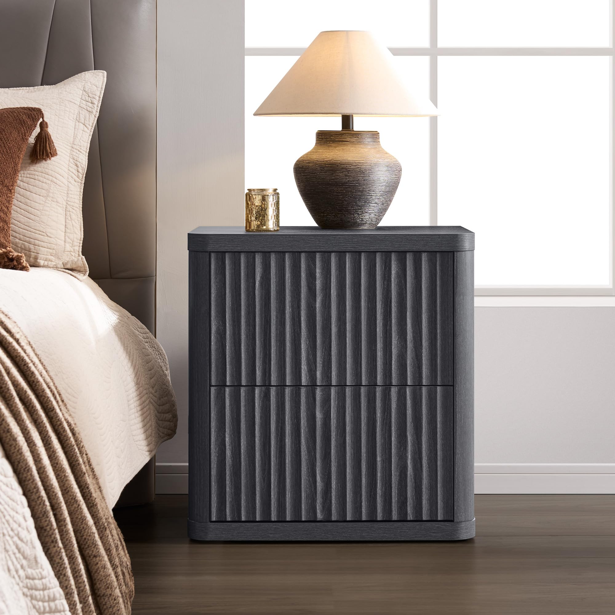 SICOTAS Set of 2 Nightstands, Fluted Modern Bedside Tables with 2 Large Handless Drawers - 22.75" Wide Small End Tables, Curved Edge Design for Bedroom & Living Room SICOTAS Set of 2 Nightstands, Fluted Modern Bedside Tables with 2 Large Handless Drawers - 22.75" Wide Small End Tables, Curved Edge Design for Bedroom & Living Room