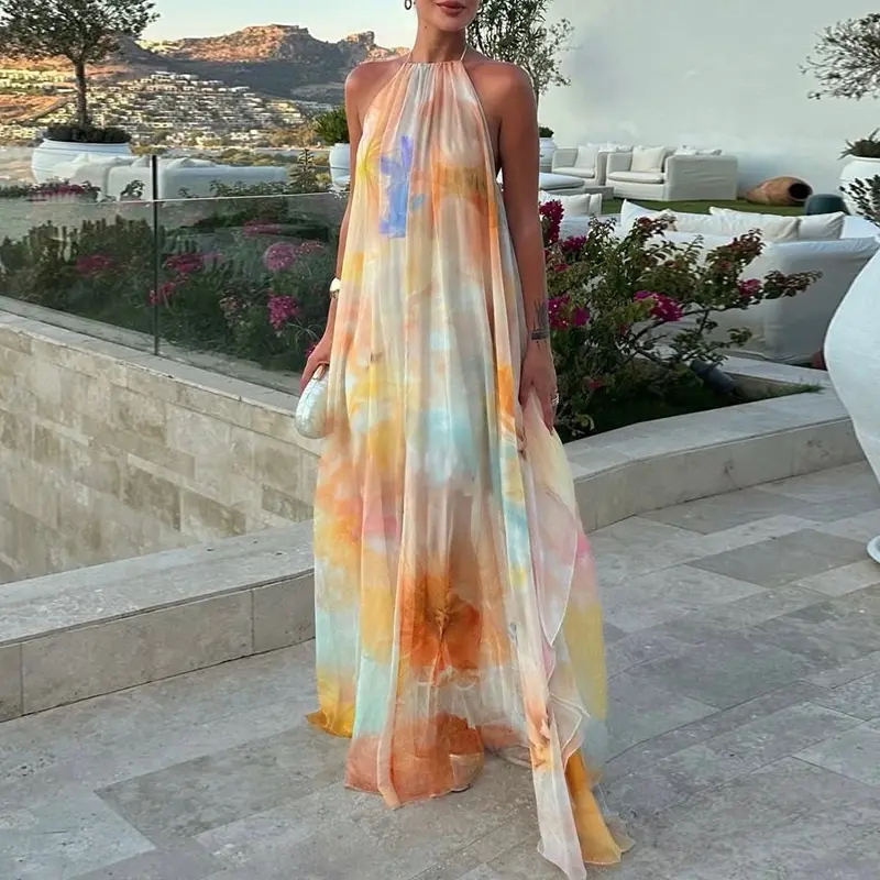 CHICME Women's Tie Dye Chiffon Maxi Dress - Halter Neck Backless Flowy A-Line Long Dress Sunset Gradient Print Vacation Summer Beach Dress for Women