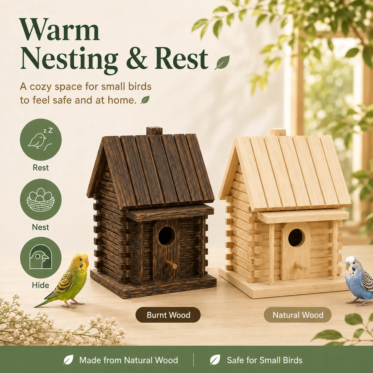 Natural Wood Bird House for Small Birds, Wooden Nesting Box with Round Entry Hole, Front Perch and Covered Porch for Budgies, Parakeets and Finches, Indoor Cage or Sheltered Outdoor Use