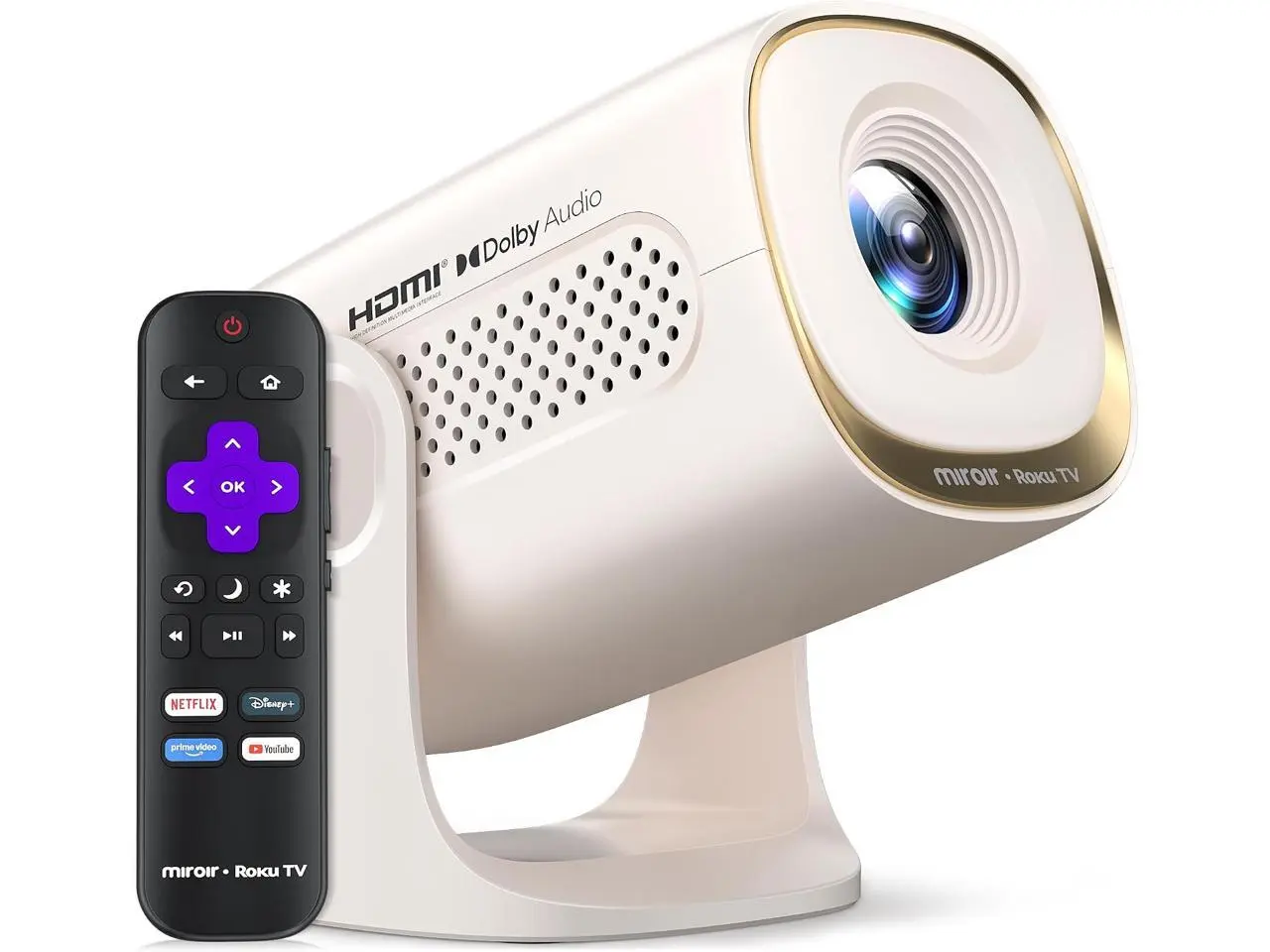 Miroir Roku TV Smart Projector with WiFi and Bluetooth, 150 ANSI, Dolby Audio, 270 Degree Rotatable Stand, Auto Keystone & Zoom - Portable Mini Outdoor Movie Projector with Roku Streaming Built-in