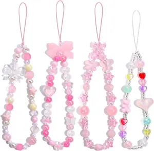 4 PCS Cute Phone Charms Aesthetic Cellphone Butterfly Heart Star Flower Accessories Pink Beaded Anti-Theft Chain String for Bag Keychain Airpods Decor
