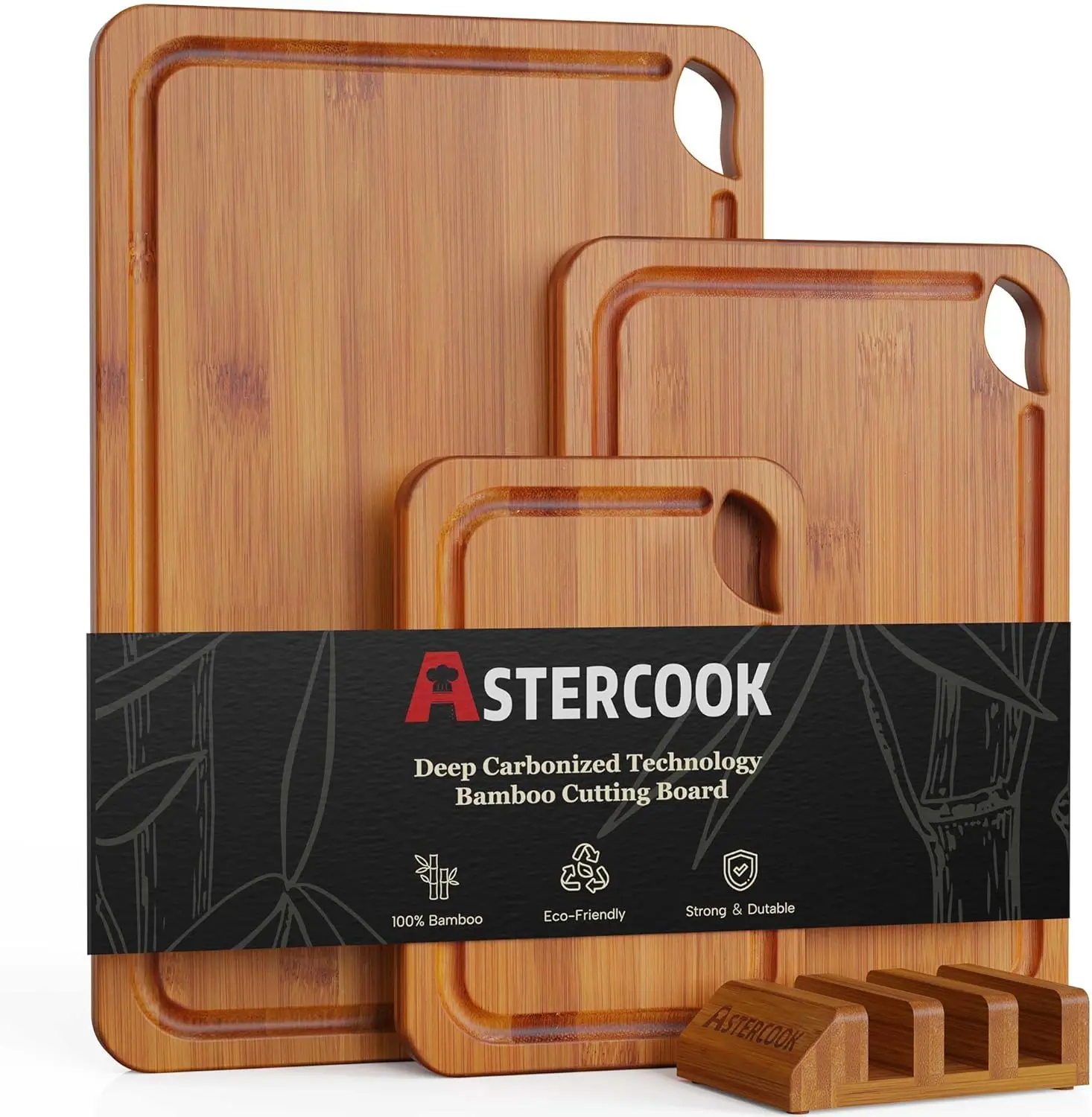Astercook 4-Piece Grooved Bamboo Chopping Board Set with Holder, 4.7lb Charcoal Bamboo Board, Eco-Friendly, Durable for Fruits, Vegetables, Meats, Grooved Chopping Boards
