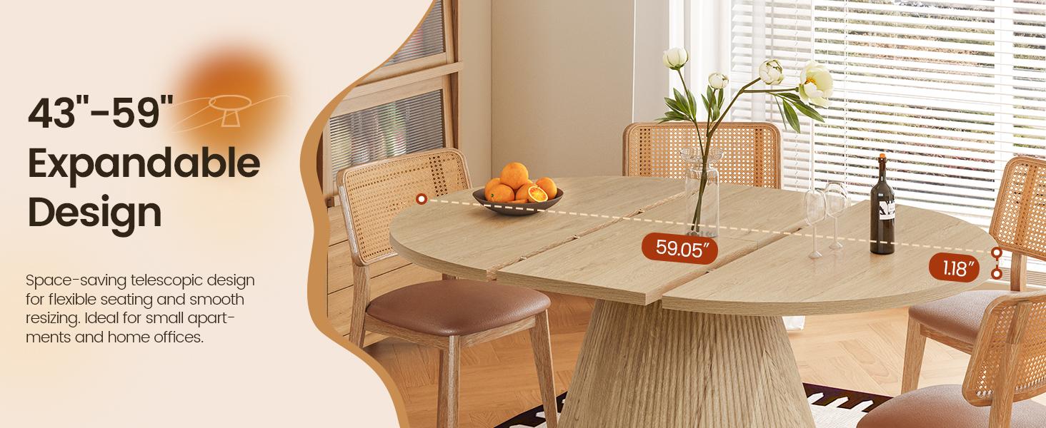 Giratree 43.3"–59" Expandable Round Dining Table for 4–8, Space-Saving Oval Dining Table with Detachable Leaves, Modern Transformer Table with Fluted Pedestal Base for Kitchen & Dining Room Giratree 43.3"–59" Expandable Round Dining Table for 4–8, Space-Saving Oval Dining Table with Detachable Leaves, Modern Transformer Table with Fluted Pedestal Base for Kitchen & Dining Room