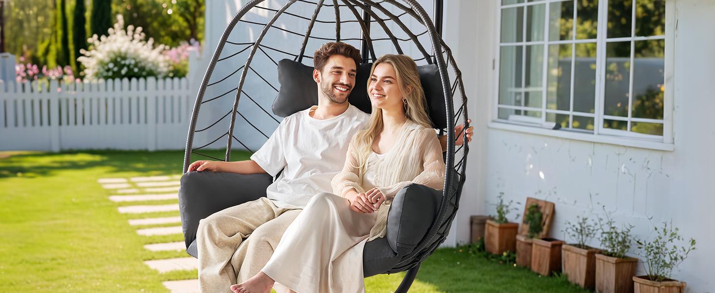 【SPOTLIGHT DAY】ONBRILL Double Egg Chair with Stand, Indoor Outdoor 2 Person Hammock Swing Chair with Cushions & Headrest, 650 LBS Capacity Hanging Loveseat for Patio, Bedroom, Garden, Balcony