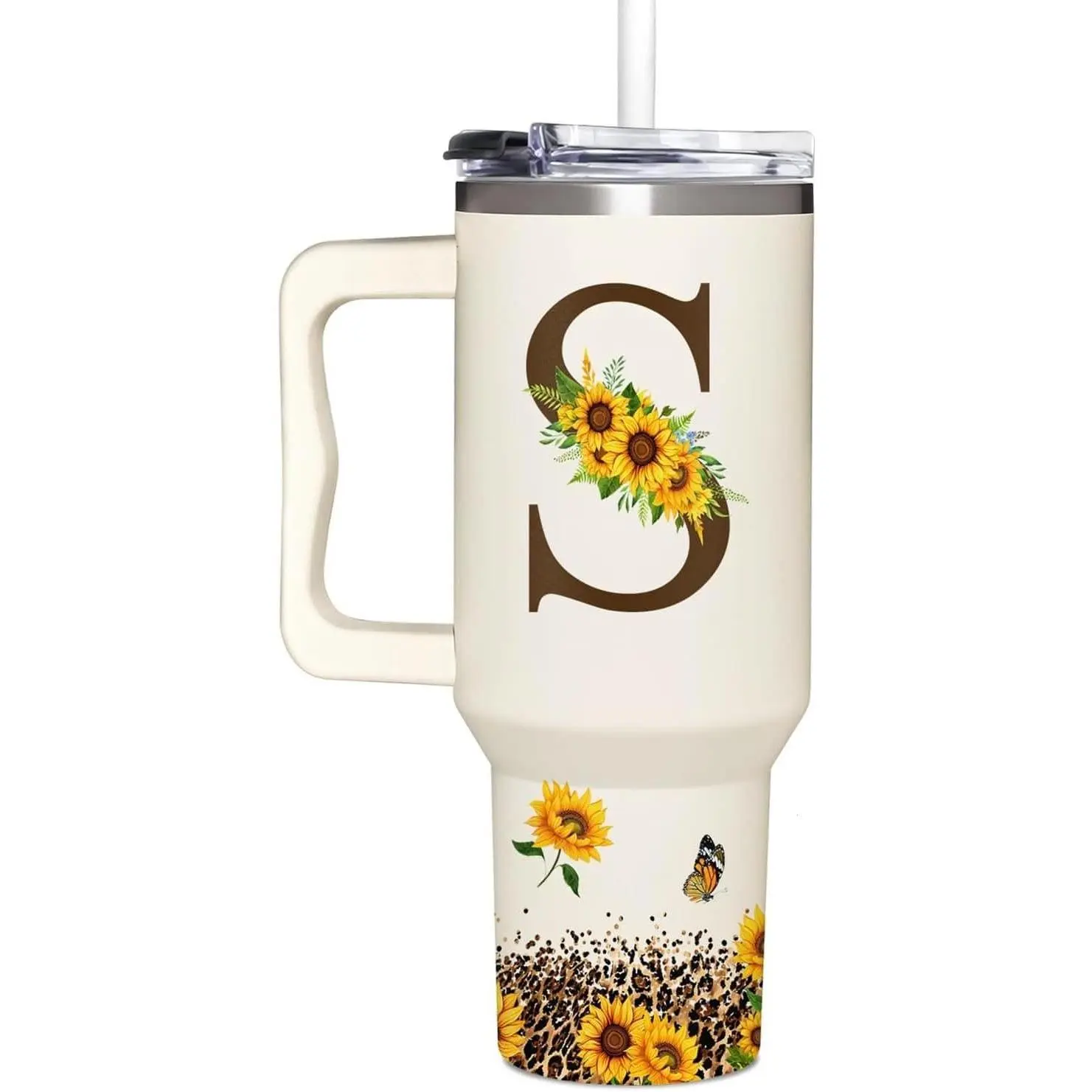 40oz Monogrammed Insulated Stainless Steel Thermal Tumbler Set - Sunflower Themed, Lid-Included, Sweatproof, Handle-Less, Unmeltable Water Bottle Kitchenware Drinkware for Adults, Aunt, Mother's Day Gift, Pool Lounging