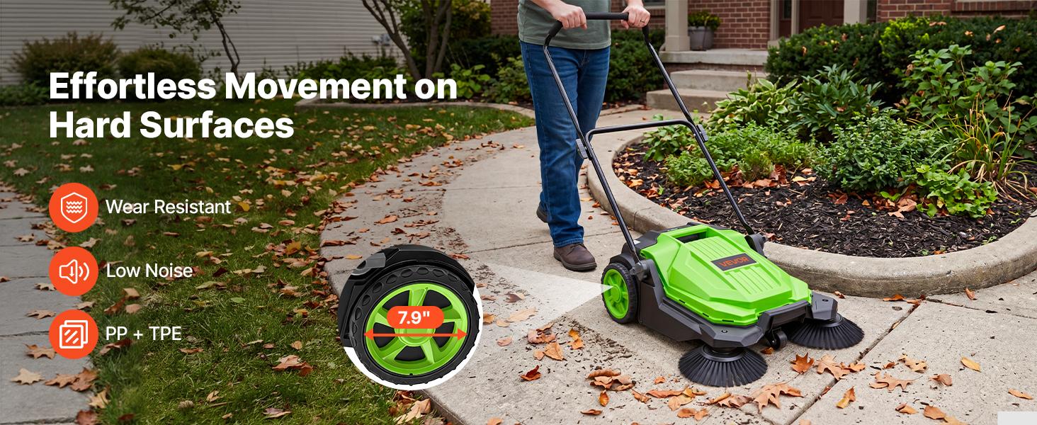 VEVOR Walk-Behind Hand Push Floor Sweeper, Manual Floor Sweeper Non-Electric with 25.6" Sweeping Width, 5 Gallons Waste Container & Adjustable Folding Handle for Yards Walkways Patios Garages - Green