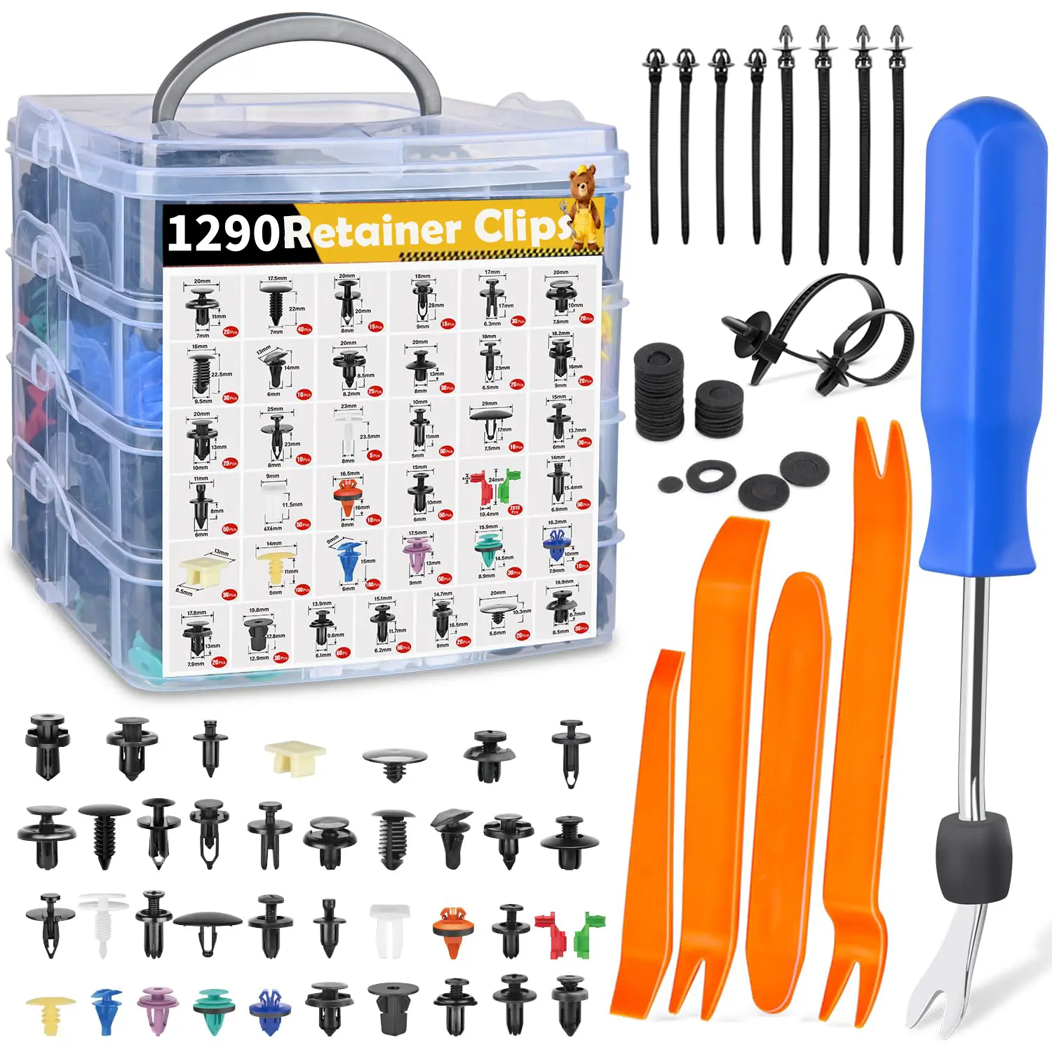 1290PCS Multi-Size Functional Car Retainer Clips Kit with Trim Tool, Various Shapes Auto Push Pin Rivets Fasteners Set for Car-SUV Repair