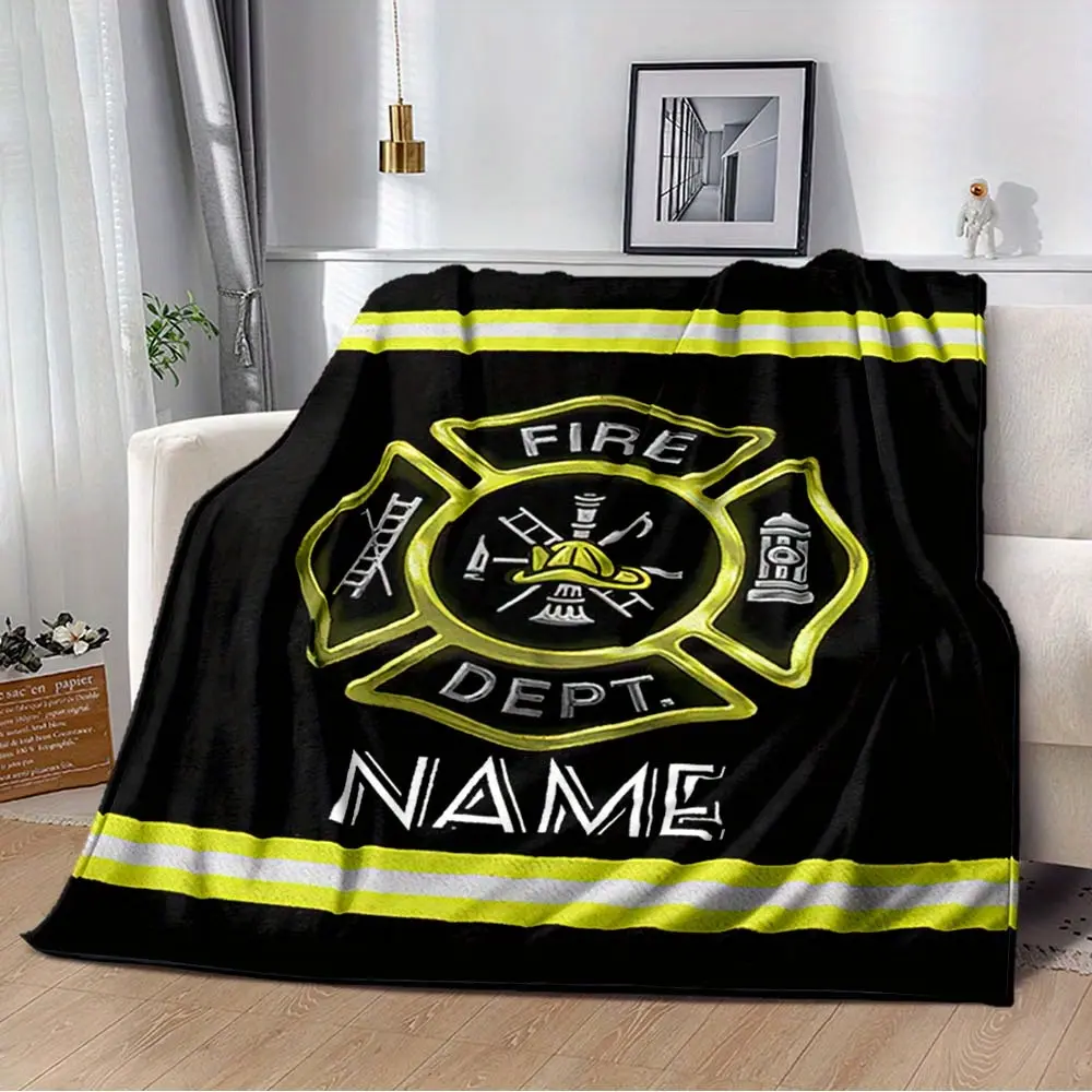 Customizable Firefighter-Themed Polyester Blanket - 280GSM Skin-Safe Smooth Polyester Fiber, Black with Yellow Accents, Digital Print, Multi-Size (30×40in/50×60in), 1pc, Fade Resistant, Anti-Pilling, Machine Washable, Portable, Wrap/Bed Use