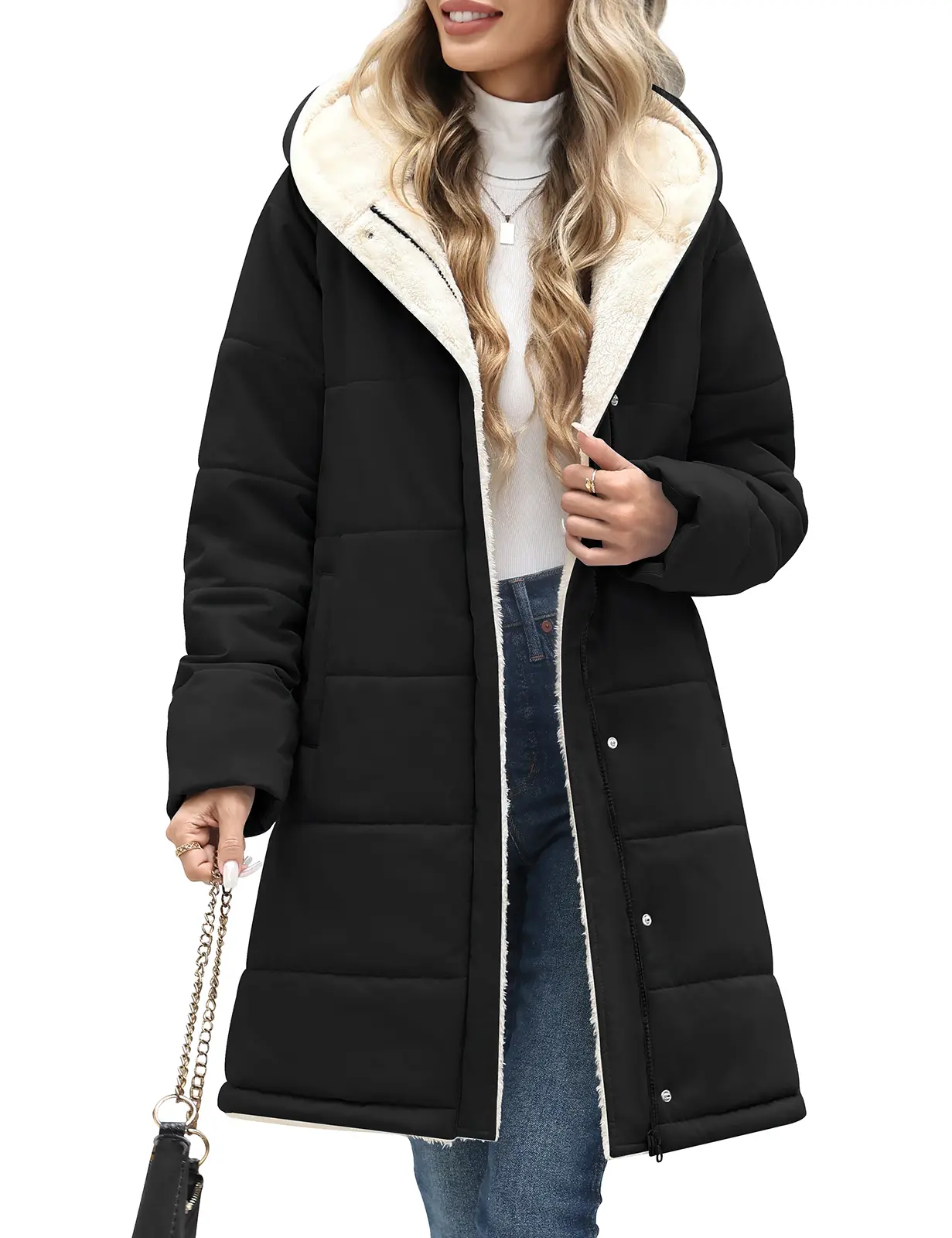 Women's Long Winter Sherpa Fleece Lined Puffer Jacket with Pockets | Large Thickened Hood, Water-Repellent & Windproof & Warm Quilted Outerwear, for Daily Wear, Work, Travel, and Snowy Days Womenswear Coats