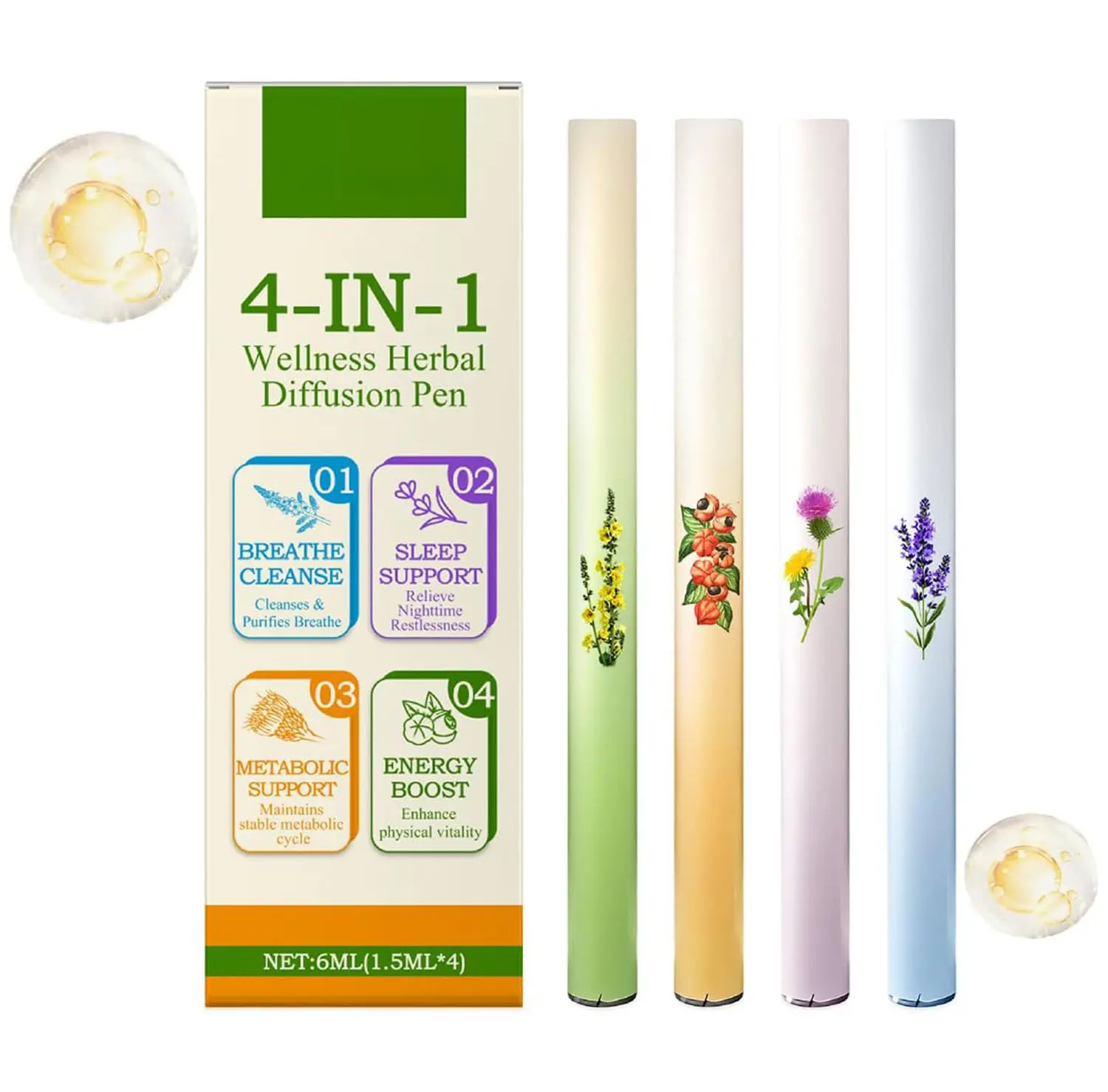 [Hot Market] Mullein Herbal Diffuser Pen 4-Pack, Natural Aromatherapy Air Inhaler Sticks with Mullein, Thyme, Mint, 4-Aroma Variety Set, Portable Pocket-Size for Air Freshening & Relaxation
