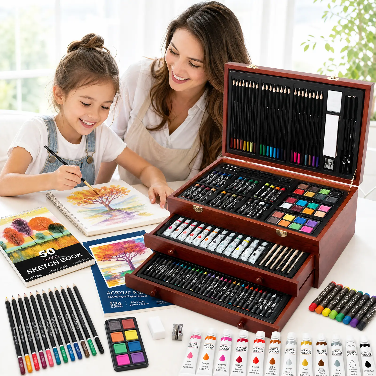 TMOL 175 Piece Deluxe Art Set Drawing Painting Kit, Acrylic Paints, Crayons, Colored Pencils, Painting Materials, Professional Art Kit in Wooden Case, Art Supplies for Adults, Teens, Kids, Back to School Gifts, Art Maker, #tiktokshopbacktoschool
