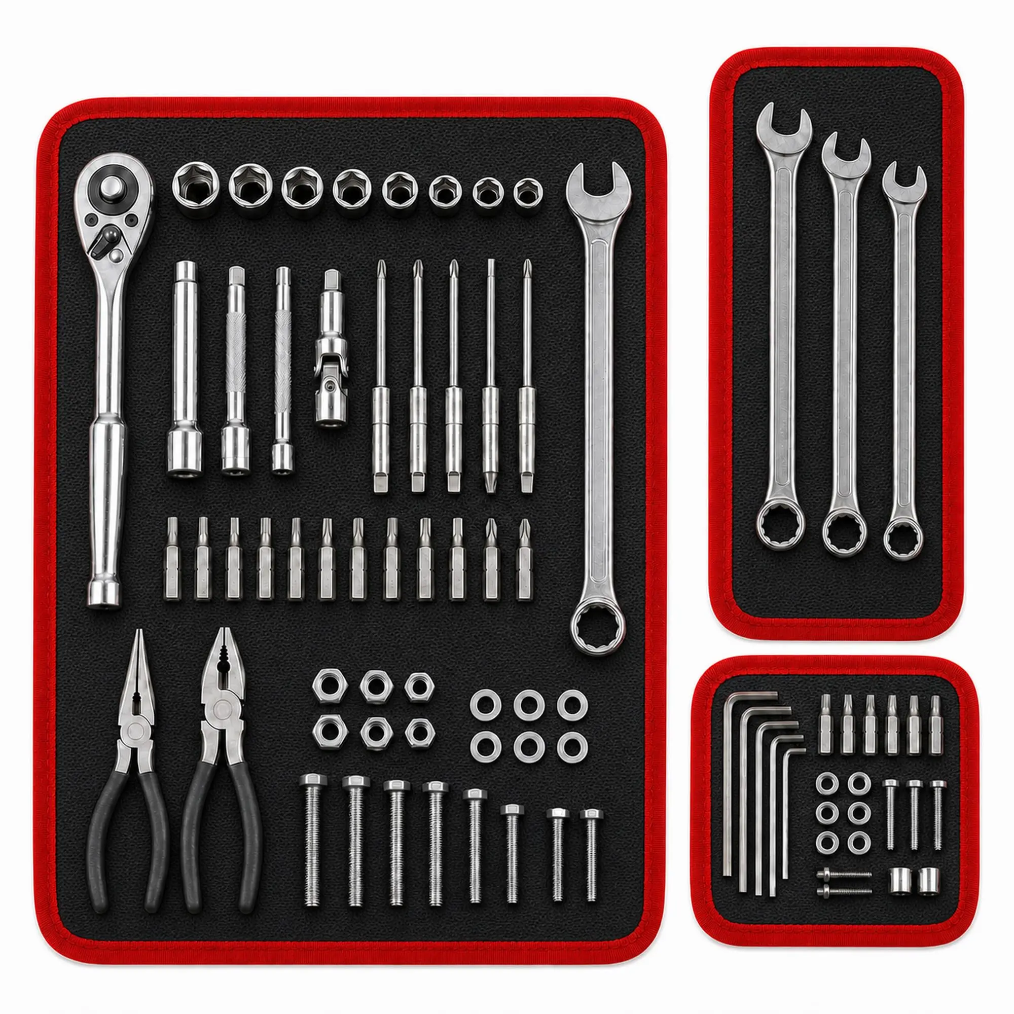 Mechanics' 3-Piece Magnetic Tool Mat & Holder Set with Tool Storage - 12.8"x9.8", 12.8"x4.3", 4.3"x4.3" Flexible Trays, Scratchproof PVC Surface, Non-Slip Grip for Garage Workshop Auto Repair Toolbox Organizer