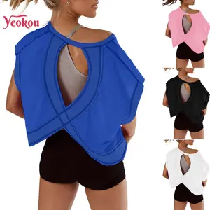 Yeokou Women Open Back Tops for Women Oversized Short Sleeve Workout T Shirts Backless Y2k Athletic Crop Running Tees