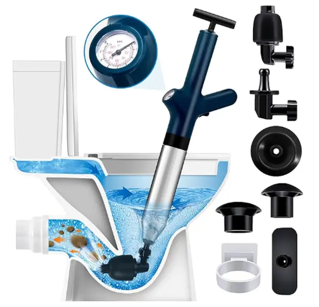 High Pressure Toilet Plunge, Toilet Plunger Drain Clog Remover, Multi-Drain Unclogger For Toilets, Bathroom, Sink,   Kitchen Clogs, Stainless Steel Design With Real-Time Pressure Gauge summervibes