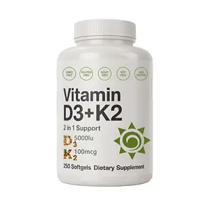 Vitamin D3 K2,250 VeggieSoftgels,2 in1 (5000 lu D3+100mcg K2 MK7)|Healthy Bones, Teeth,Heart,immune System,d3 hundred