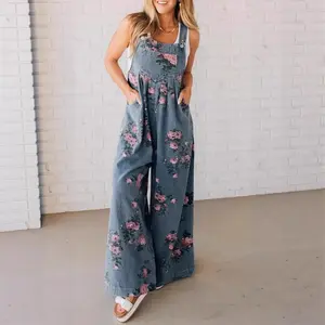 Summer 2025 European and American Fashion Denim Floral Print Casual Jumpsuit Sleeveless Suspender Pants Women Green Overalls Womenswear Strap Strappy