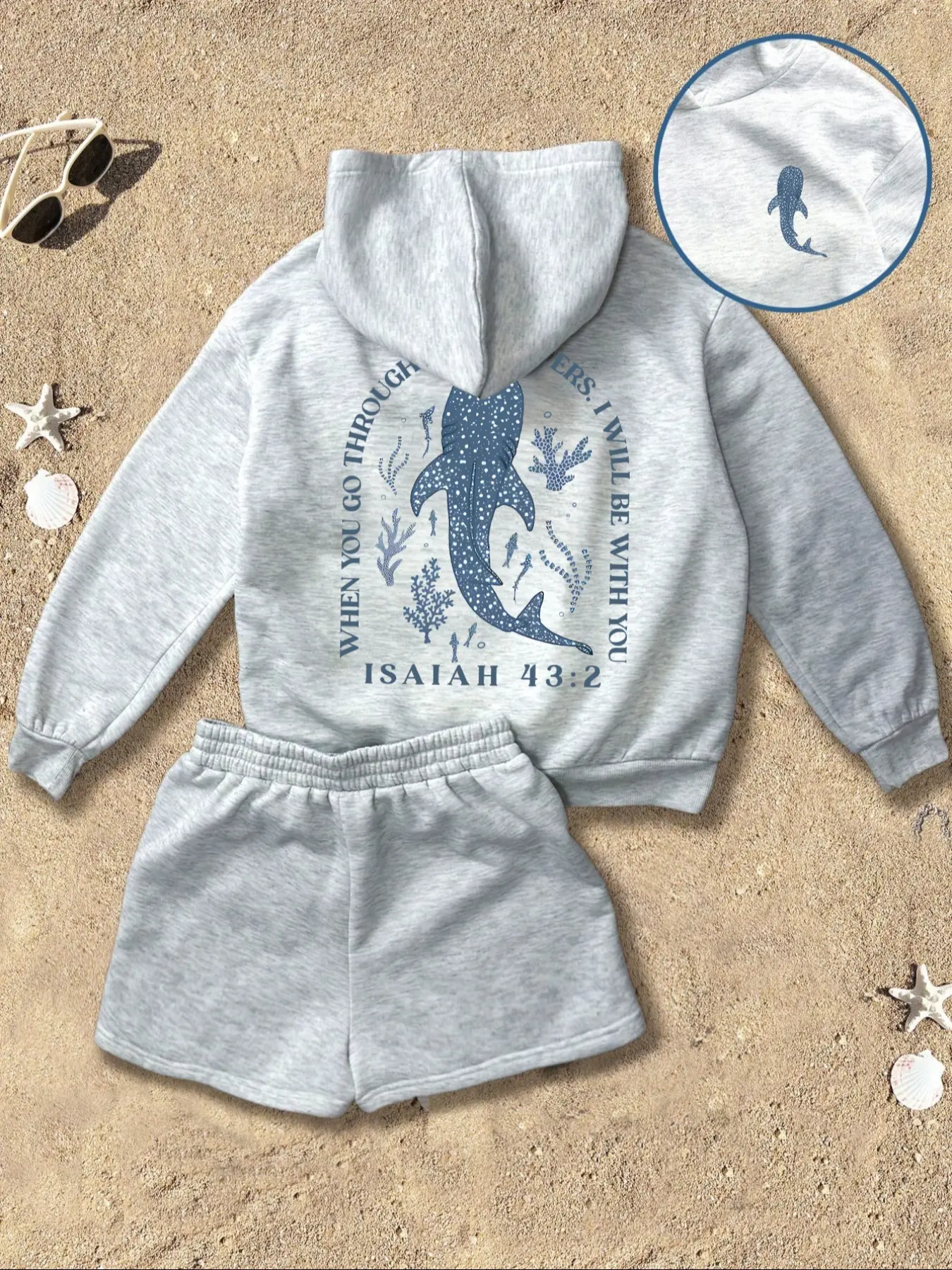Daily Faith Marine Style Loose Casual Set - Gray Hoodie and Shorts Two-Piece Tops with Animal Whale Shark and Isaiah 43:2 Print, an Excellent Choice for Religious Casual Wear Clothes