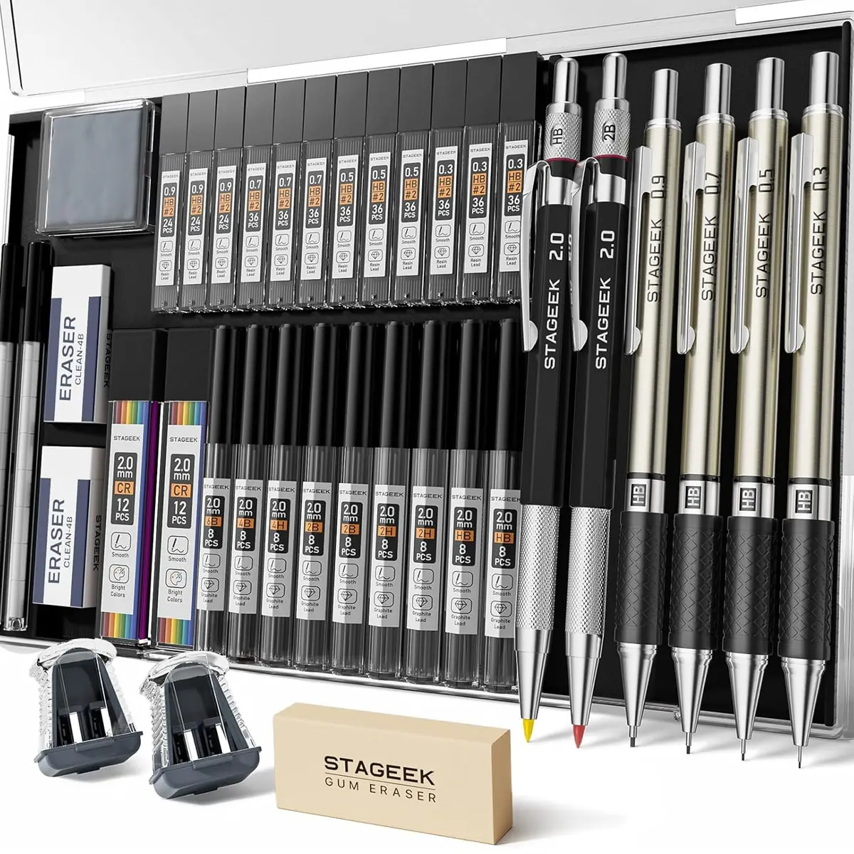 STAGEEK 6 Pack Art Mechanical Pencil Set, 3 PackMetal Drafting Pencil 0.5mm 0.7mm 0.9mm & 3 Pack 2mm Graphite Lead Holder (2B HB 2H), 492PCS Leads (6B 4B 2B HB 2H 4H Color) for Writing Drawing, Back to School Shopping, Back to School Supplies