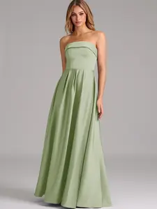 Azazie Lucienne A-Line Strapless Pleated Convertible Wedding Guest Evening Satin Dress