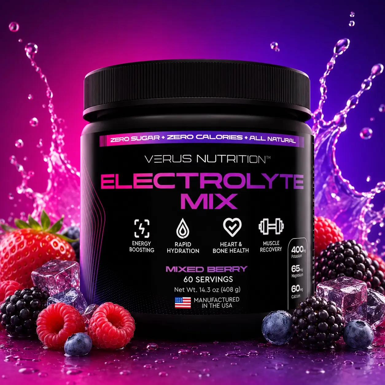 Electrolyte Powder - Mixed Berry - 60 Servings - 0 Calorie | Sugar Free Electrolytes for Keto & Vegan | Natural Mineral Hydrating Ingredient Electrolyte Mix