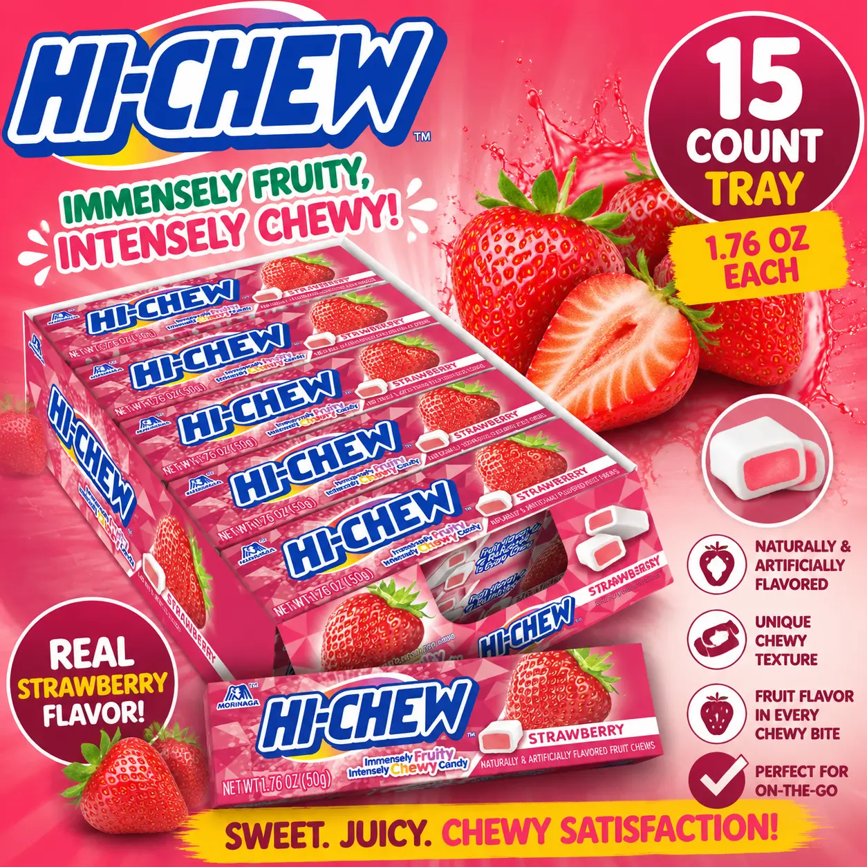 Hi-Chew Strawberry Fruit Candy 1.76 oz 15 Count  Soft & Chewy Strawberry Gum Candy | Japanese Candy Favorite for Snacking & Sharing