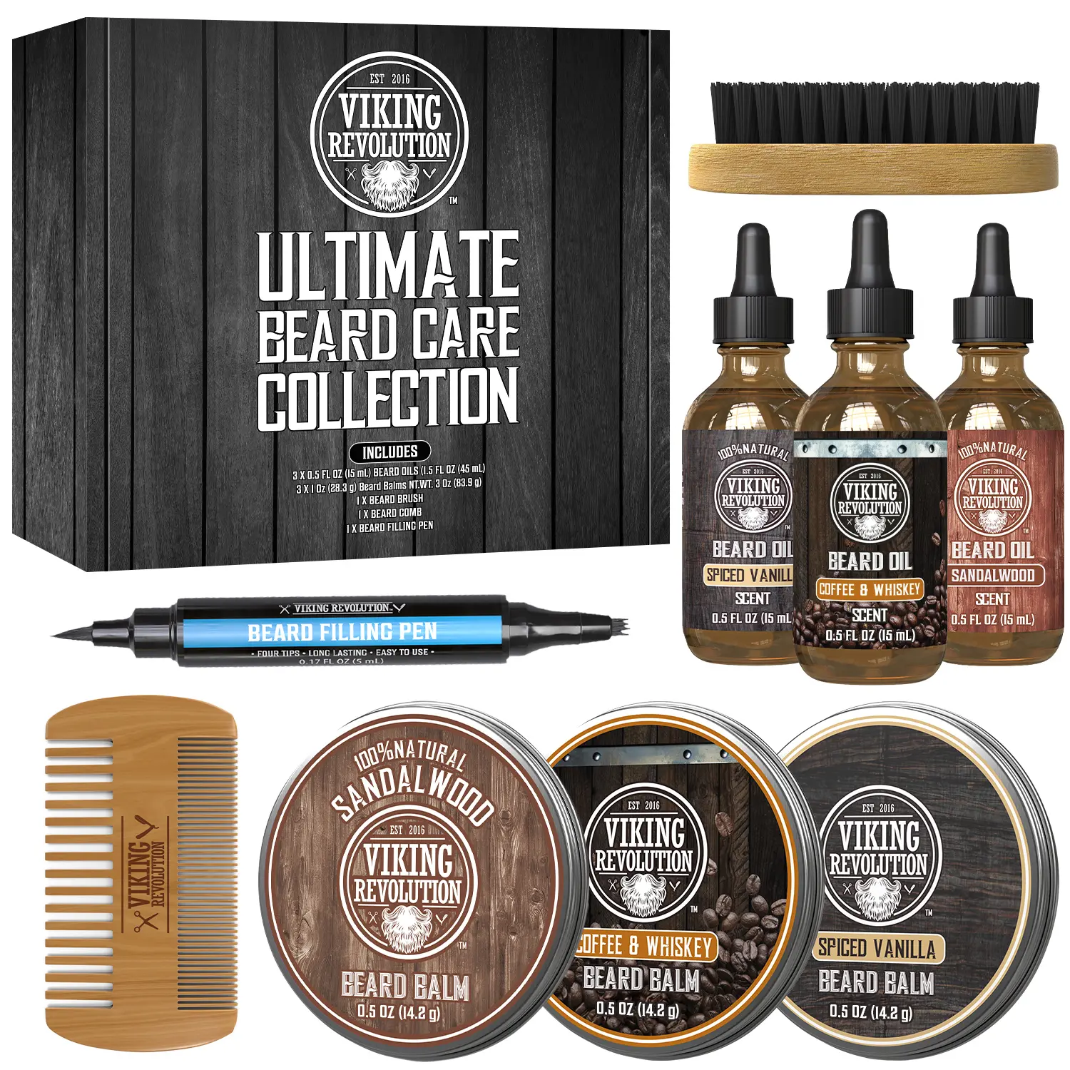 Viking Revolution Ultimate Beard Care Collection - Includes Oil, Balm, Filling Pen, Brush & Comb - Natural Ingredients - Sandalwood Spiced Vanilla Coffee & Whiskey Scents Viking Revolution Ultimate Beard Care Collection - Includes Oil, Balm, Filling Pen, Brush & Comb - Natural Ingredients - Sandalwood Spiced Vanilla Coffee & Whiskey Scents
