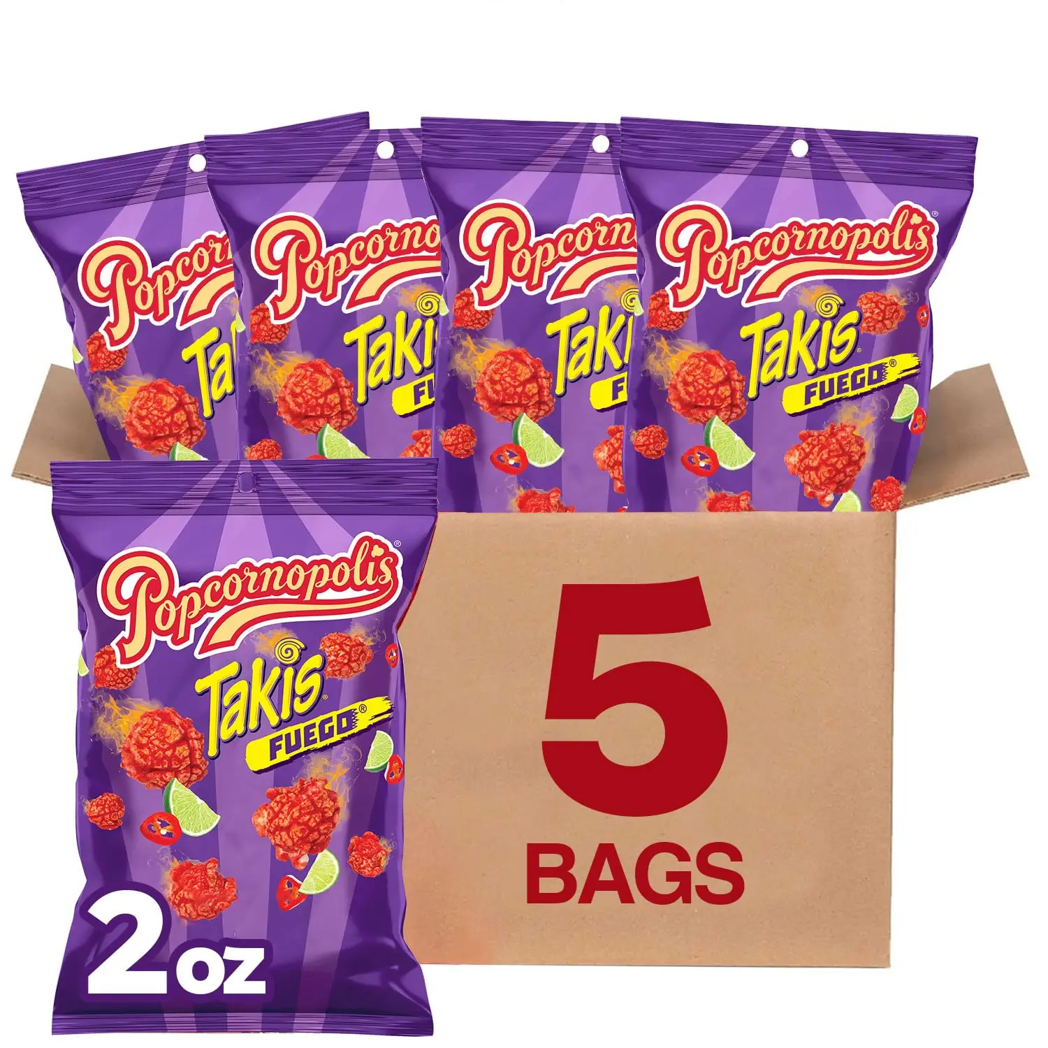 Popcornopolis Fuego Takis Pack of 5 Bags, 2 oz each, Hot Chili Pepper & Lime Flavored Extreme Savory Popcorn