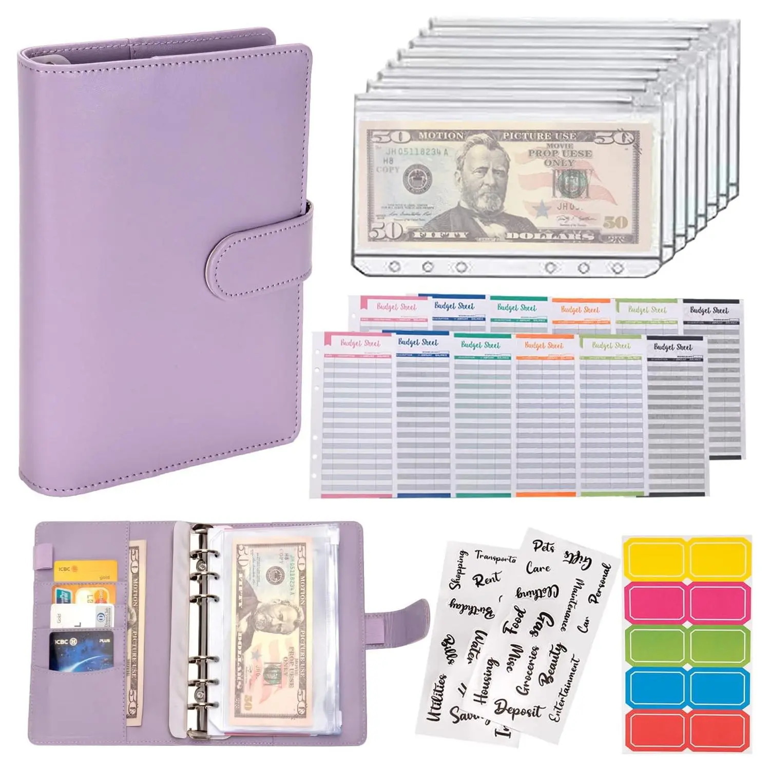 A6 Budget Binder Set, 1 Count Monthly Budget Financial Planner with 2 Counts Personality Stickers & 12pcs Budget Sheets & 8 Counts Binder Pockets & 10pcs Multi-colored Labels, Stationery Supplies for Home School Office Dormitory