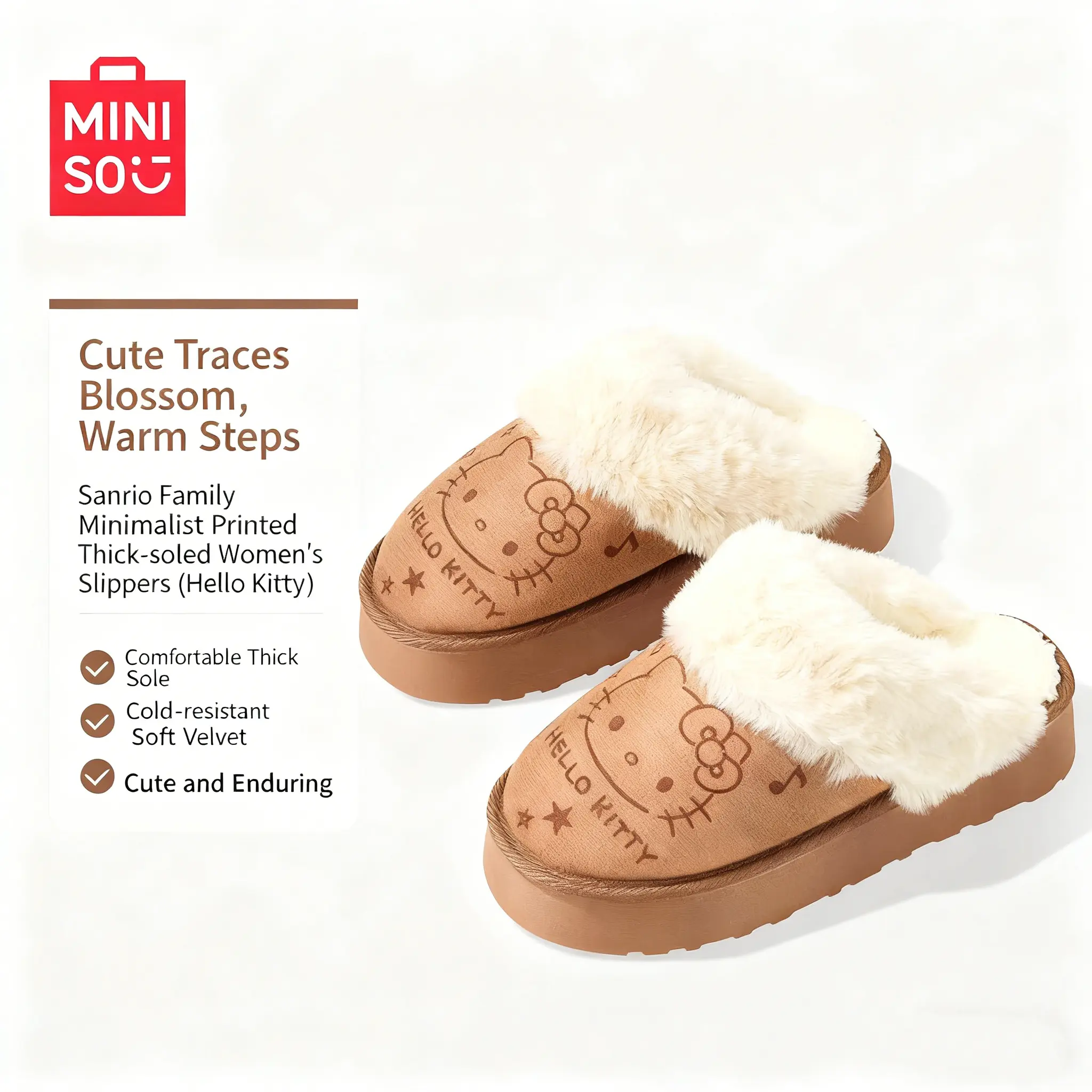 [back to school]MINISO Women's Sanrio Family Thick-Soled Cotton Slippers, Warm Anti-Slip Indoor Footwear with Minimalist Print, Ideal Gift for Anime Fans