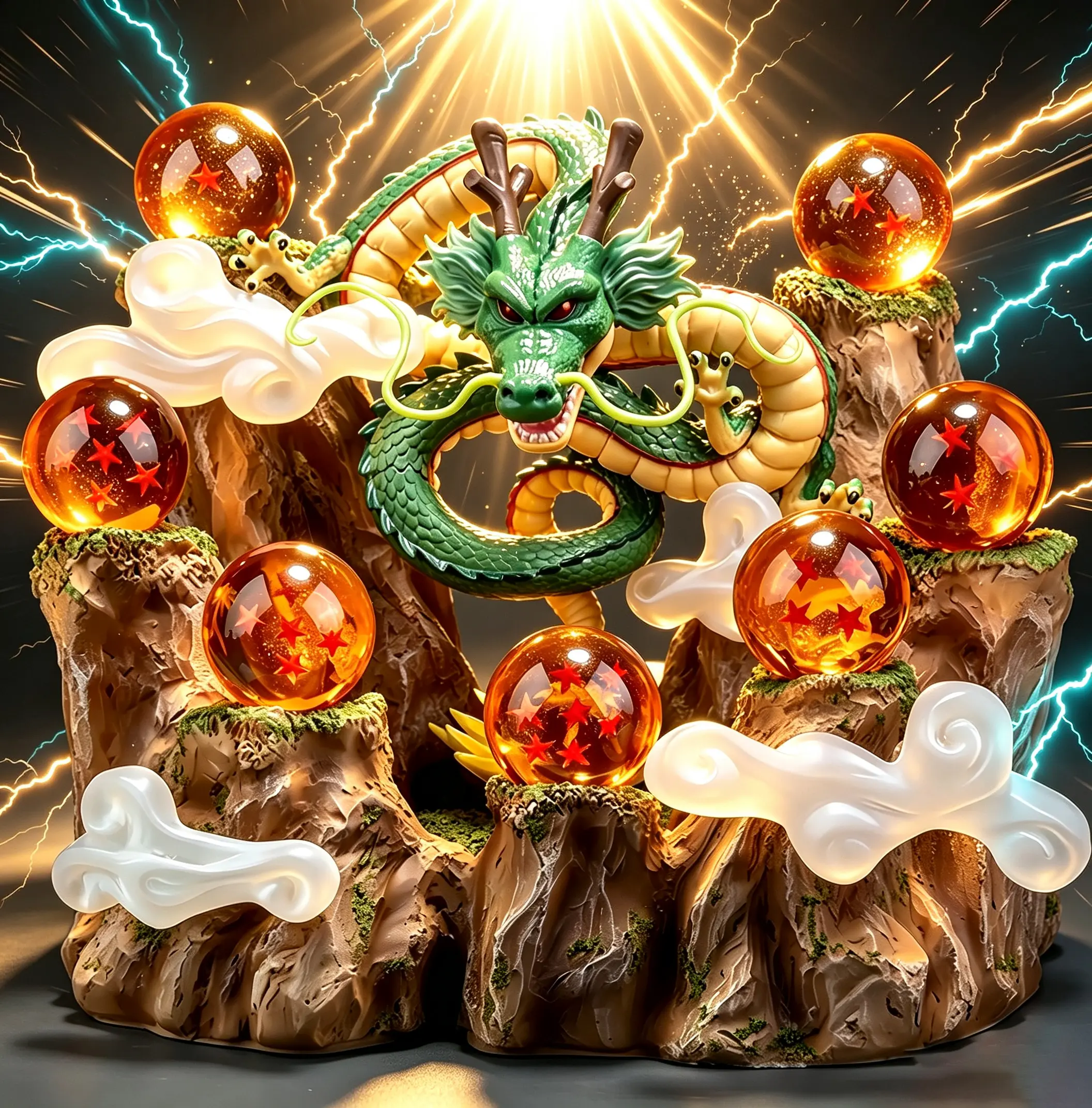 DLDA Resin Collectible Figurine Statue Set, 17.5cm Standing Landscape Sculpture with 7 Transparent Acrylic Crystal Spheres & Cloud Display Base, Desktop Decoration, Room Decorations Gift for Collectors