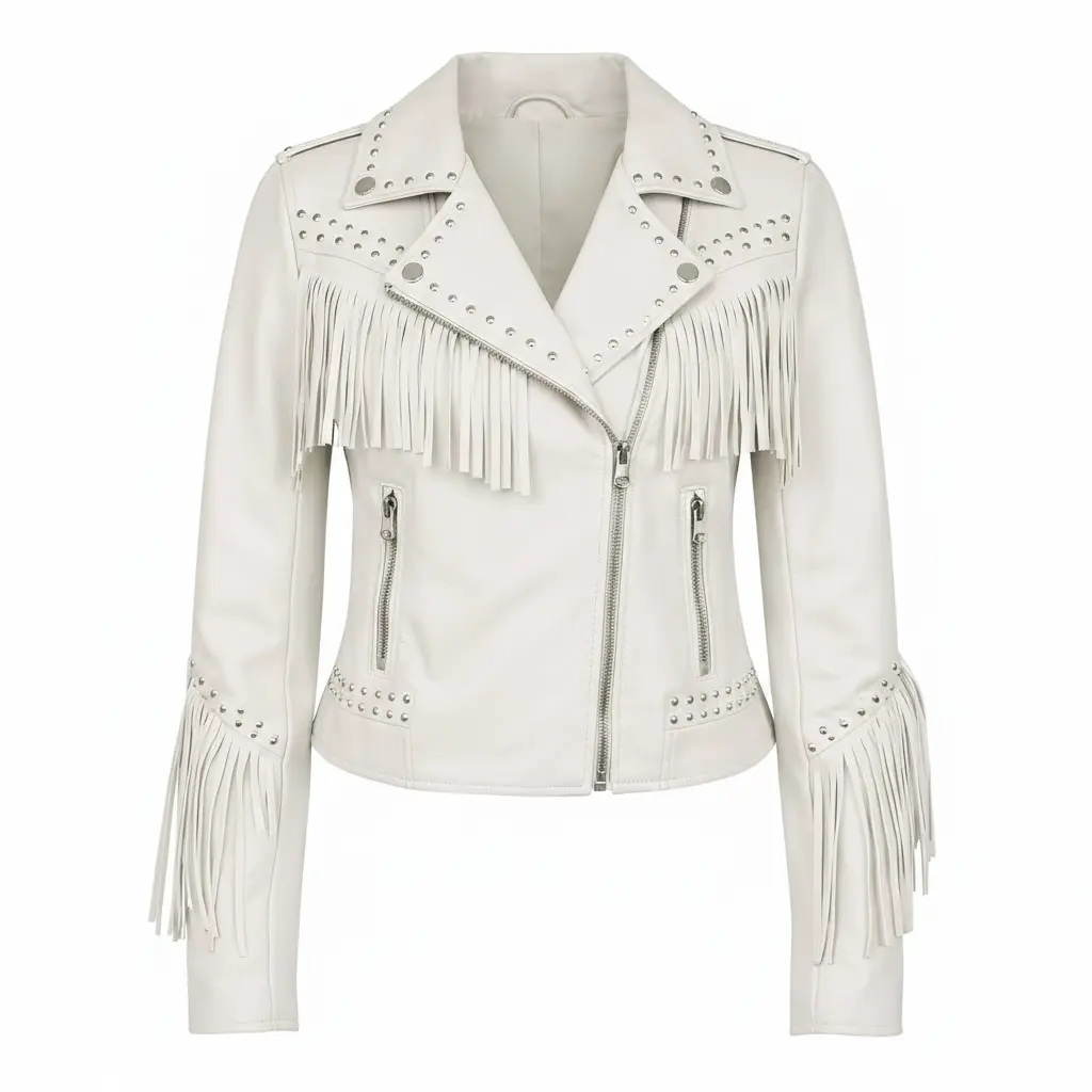 Women's White Genuine Leather Fringe Biker Jacket with Studded Detail – Trendy & Edgy